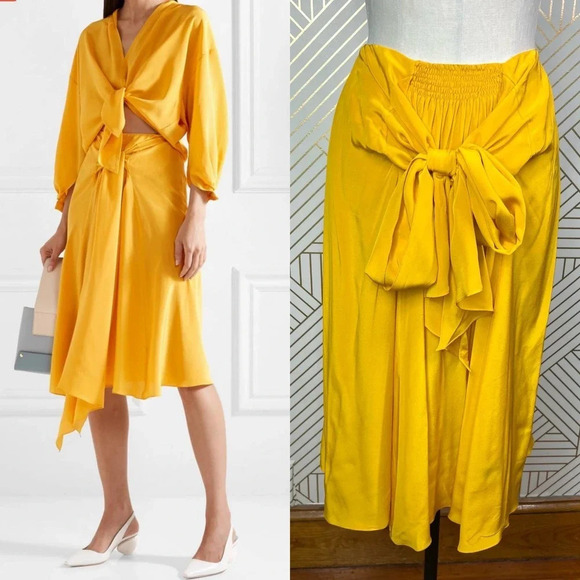 Tome Bow Tie Front Midi Silk Skirt in Marigold Yellow Size US Large - Picture 1 of 12